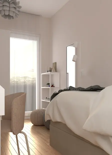 Wnętrze sypialni z minimalistycznym wystrojem, jasnymi ścianami i drewnianą podłogą.