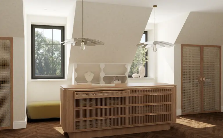 Wnętrze z drewnianym blatem, białymi meblami i lampami w stylu art deco, eklektycznym, soft minimalizm.