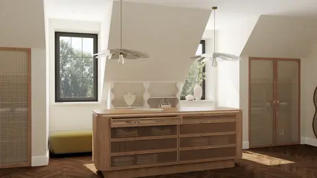 Wnętrze z drewnianym blatem, białymi meblami i lampami w stylu art deco, eklektycznym, soft minimalizm.