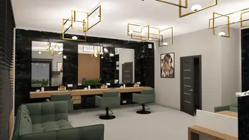 Wnętrze gabinetu w stylu glamour i industrialnym z zielonymi fotelami