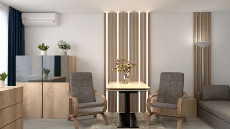 Eklektyczne wnętrze z minimalistycznymi meblami, drewnianymi akcentami i tradycyjnymi roślinami.