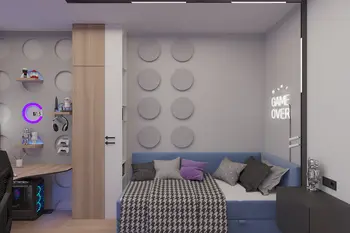 Pokój dla dzieci w stylu industrialnym, minimalistycznym, nowoczesnym z niebieską sofą.