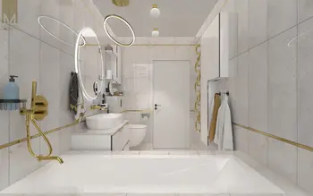 Stylowa łazienka w stylu boho, glamour i nowoczesnym z złotymi detalami.