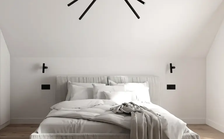 Sypialnia w stylu japandi z minimalistycznym łóżkiem i soft minimalizmem.