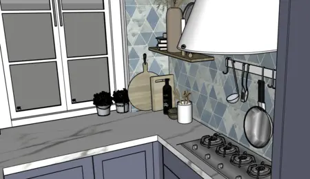Wnętrze kuchni z niebieskimi kafelkami w stylu minimalistycznym i eklektycznym
