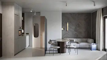 Wnętrze kuchni w stylu eklektycznym z glamour i minimaluxe, z drewnianym stołem.