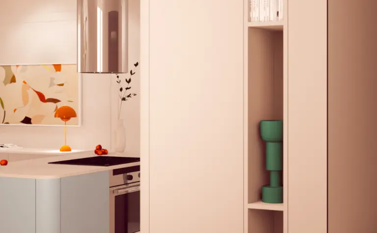 Wnętrze kuchni z pastelowymi meblami, eklektycznymi dodatkami i minimalistycznym stylem.