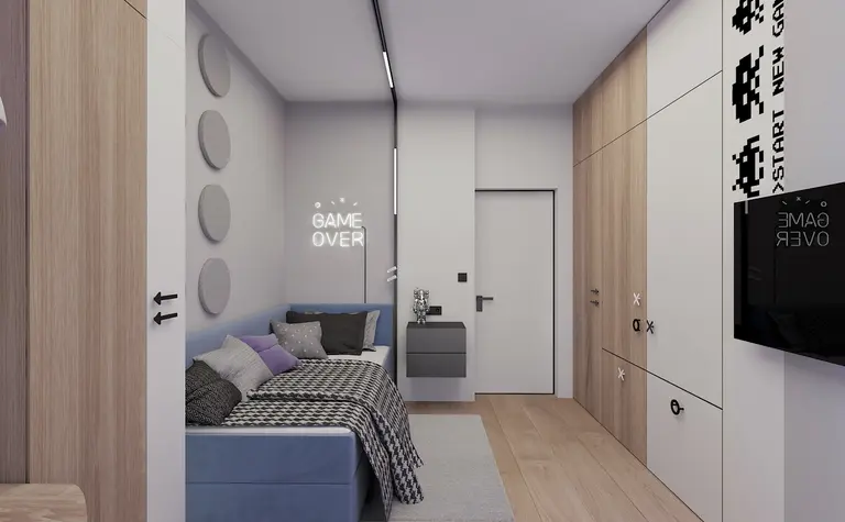 Wnętrze pokoju w stylu industrialnym i minimalistycznym z niebieską kanapą.