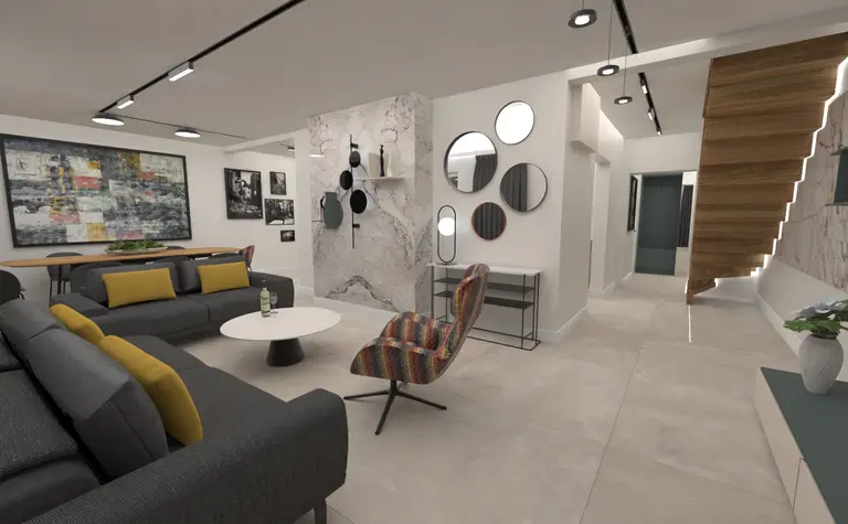 Wnętrze salonu w stylu dopamine decor, industrialnym, japandi, minimaluxe, nowoczesnym, quiet luxury, współczesnym z szarymi meblami i drewnianymi akcentami.