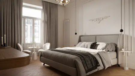 Sypialnia w stylu art deco z beżowym łóżkiem i szarymi zasłonami.