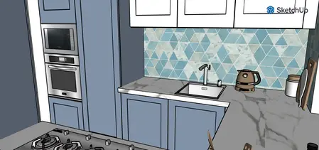 Kuchnia z niebieskimi płytkami oraz białymi meblami, styl boho i minimalistyczny