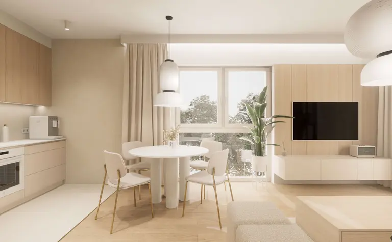 Wnętrze kuchni w stylu japandi i minimalistycznym z drewnem.