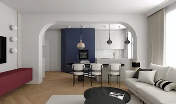 Wnętrze kuchni w stylu art deco z niebieskimi meblami i nowoczesnymi akcentami.