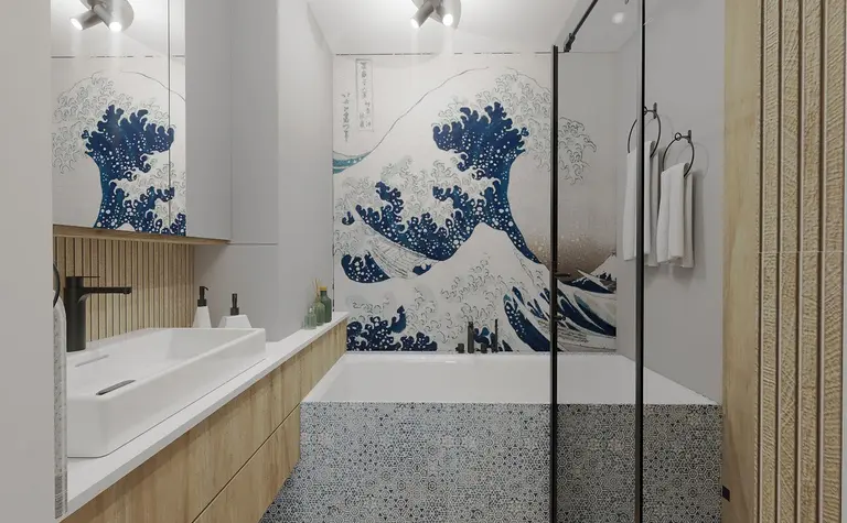 Nowoczesna łazienka z drewnianymi akcentami i niebieską tapetą w stylu dopamine decor.