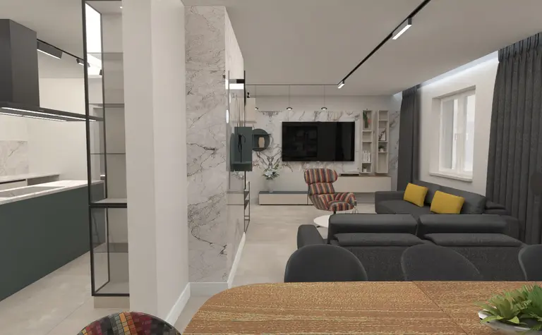 Nowoczesny salon z szarymi meblami i zielonymi dodatkami w stylu dopamine decor, japandi i minimaluxe.