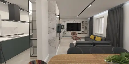 Nowoczesny salon z szarymi meblami i zielonymi dodatkami w stylu dopamine decor, japandi i minimaluxe.