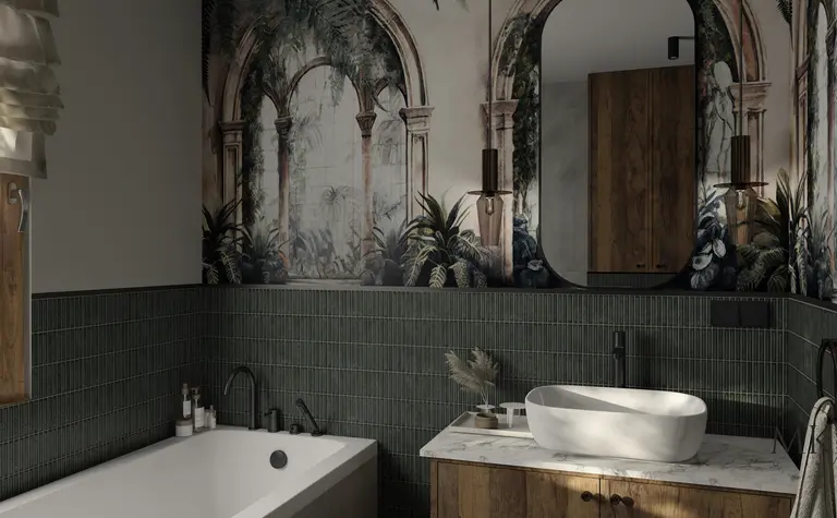 Wnętrze łazienki w stylu art deco i boho z zielonymi płytkami i drewnianymi elementami.