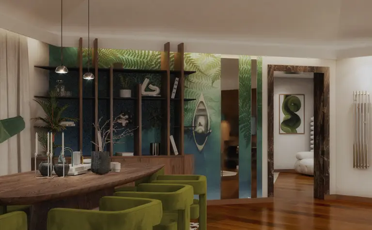 Wnętrze jadalni w stylu art deco z zielonymi krzesłami i drewnianym stołem.