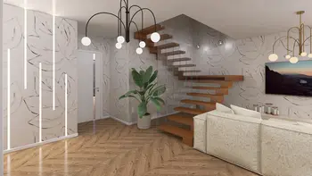 Nowoczesne wnętrze z drewnianymi schodami, rośliną i minimalistycznym stylem skandynawskim.