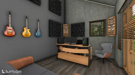 Gabinet z drewnianym biurkiem, gitarami na ścianie i akustycznymi panelami.