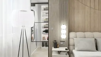 Minimalistyczna sypialnia z jasnym łóżkiem, drewnianą ścianą i nowoczesnym oświetleniem.