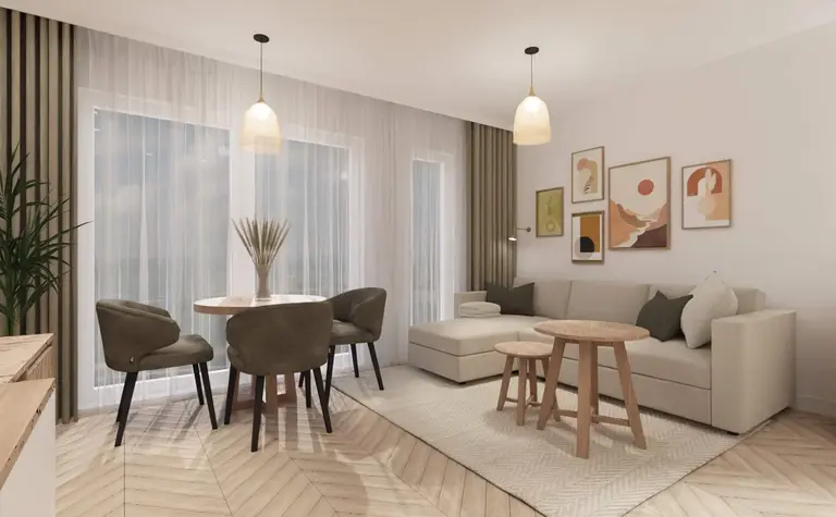 Wnętrze salonu w stylu boho i nowoczesnym z jasnymi meblami i drewnianymi detalami.