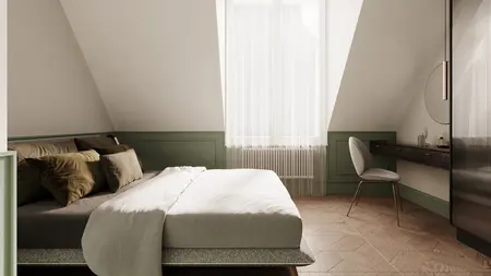 Wnętrze sypialni w stylu eklektycznym z minimalistycznymi detalami, nowoczesne meble i quiet luxury.