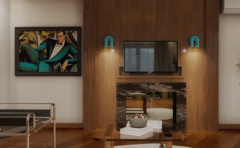 Wnętrze salonu w stylu art deco z nowoczesnym wyposażeniem.