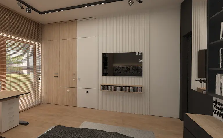 Wnętrze sypialni minimalistycznej z drewnianymi detalami.