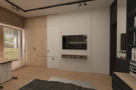 Wnętrze sypialni minimalistycznej z drewnianymi detalami.