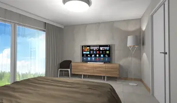 Wnętrze sypialni z szarymi ścianami, drewnianymi meblami i telewizorem. Styl skandynawski.