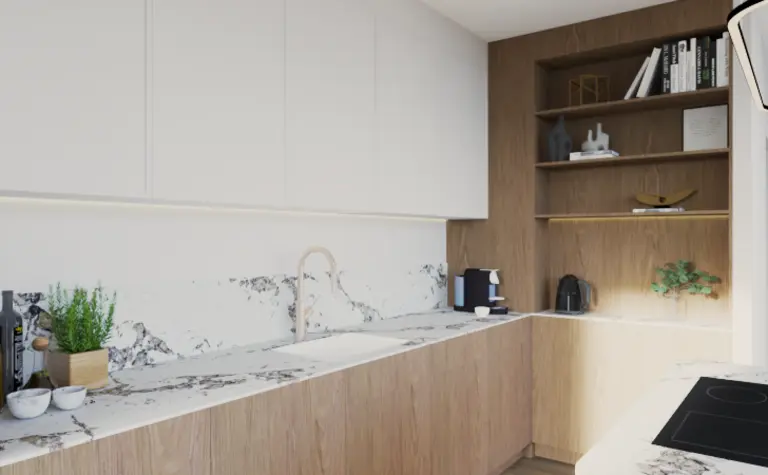 Wnętrze kuchni w stylu japandi i minimalistycznym z drewnianymi akcentami.