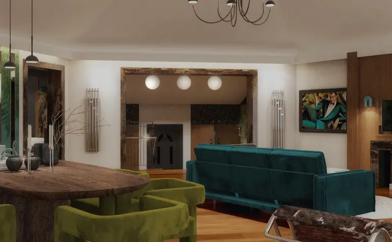 Wnętrze jadalni w stylu art deco z zielonymi krzesłami i drewnianym stołem.