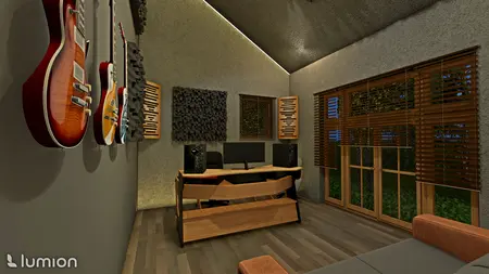 Wnętrze pokoju muzycznego z gitarami na ścianie i biurkiem, nowoczesny design.