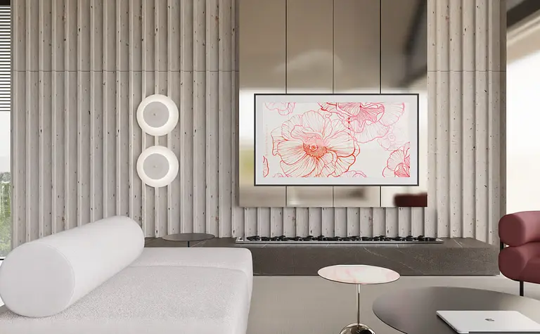 Nowoczesny salon z minimalistycznym wystrojem, szarymi ścianami i eleganckimi meblami.