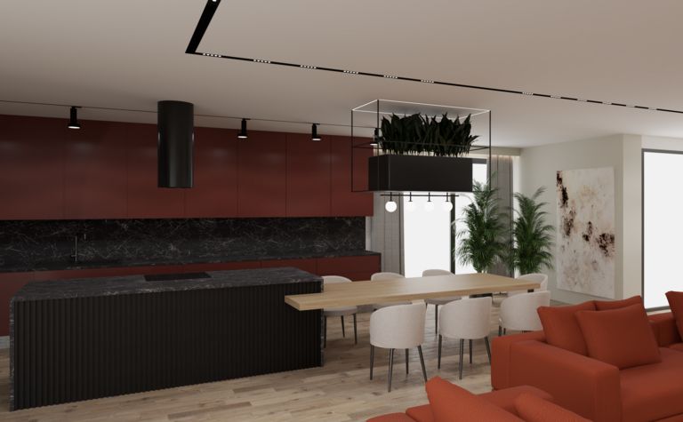 Wnętrze kuchni z czerwonymi szafkami i czarnym blatem, nowoczesny design.