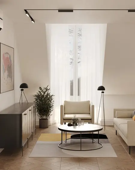 Wnętrze salonu w stylu eklektycznym i minimalistycznym z dużymi oknami