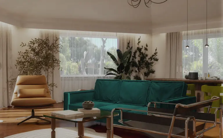 Wnętrze z zieloną sofą, drewnianym stołem i roślinami, styl art deco, quiet luxury, współczesny.