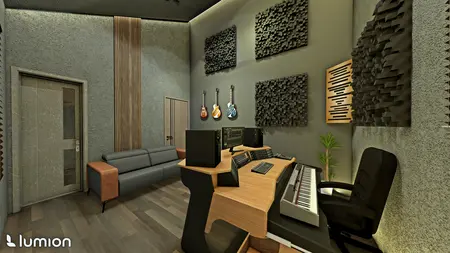 Wnętrze nowoczesnego studia nagraniowego z sofą, instrumentami i sprzętem audio.