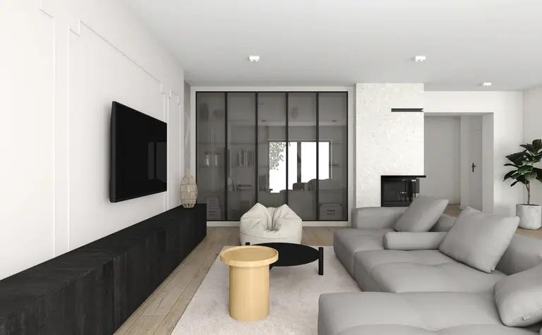 Wnętrze salonu w stylu eklektycznym z nowoczesnym narożnikiem i minimalistycznymi dodatkami.