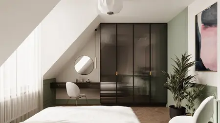 Wnętrze sypialni w stylu eklektycznym i minimalistycznym z rośliną.
