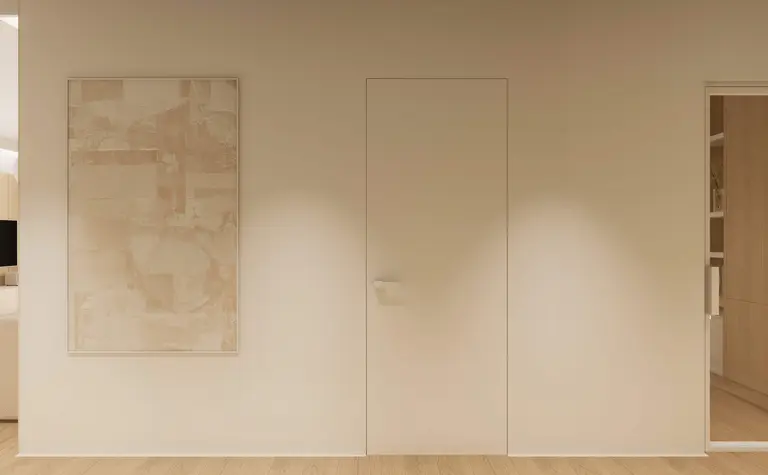 Minimalistyczne wnętrze z obrazem i drzwiami w stylu japandi, nowoczesnym i quiet luxury.