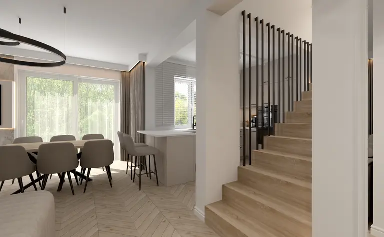 Wnętrze jadalni w stylu art deco i glamour z drewnianym stołem i nowoczesnymi krzesłami.