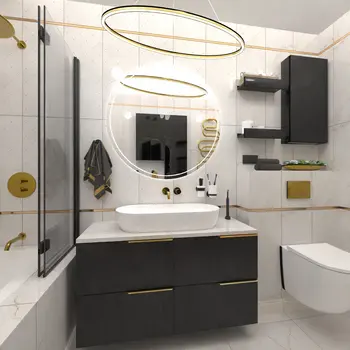 Nowoczesna łazienka z elementami glamour i industrialnymi, czarna szafka, okrągłe lustro.