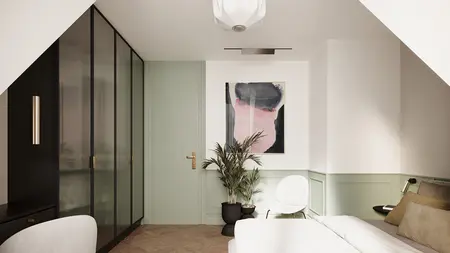 Wnętrze sypialni z eklektycznym i minimalistycznym designem, z rośliną