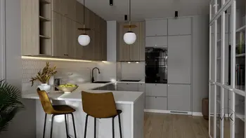Kuchnia w stylu art deco i skandynawskim z drewnem, białymi akcentami oraz minimalistycznymi meblami.