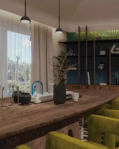 Stylowe wnętrze z art deco i quiet luxury, drewniany stół, zielone krzesła.