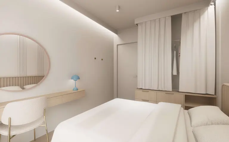 Wnętrze sypialni w stylu japandi, minimalistycznym i nowoczesnym z białymi meblami.