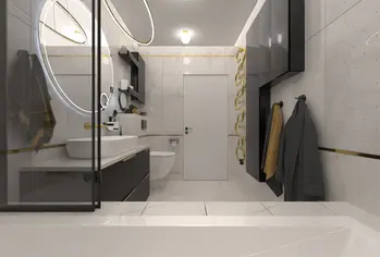 Nowoczesna łazienka z czarnymi meblami, złotymi detalami, w stylu boho, glamour i industrialnym.