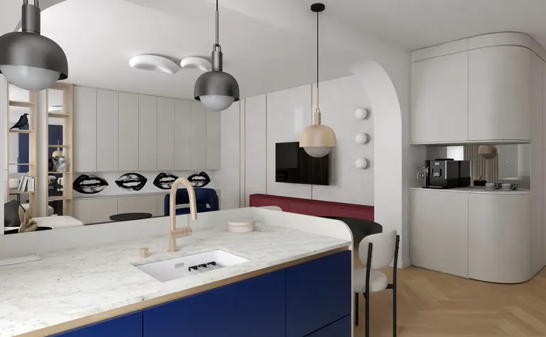 Wnętrze kuchni w stylu art deco i nowoczesnym z granatowymi meblami.